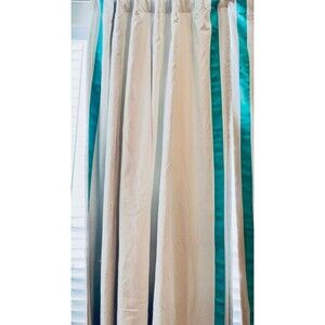 1 PAIR/2 Panels Pottery Barn Teen WHITE & AQUA RIBBON Blackout Drapes 52X84